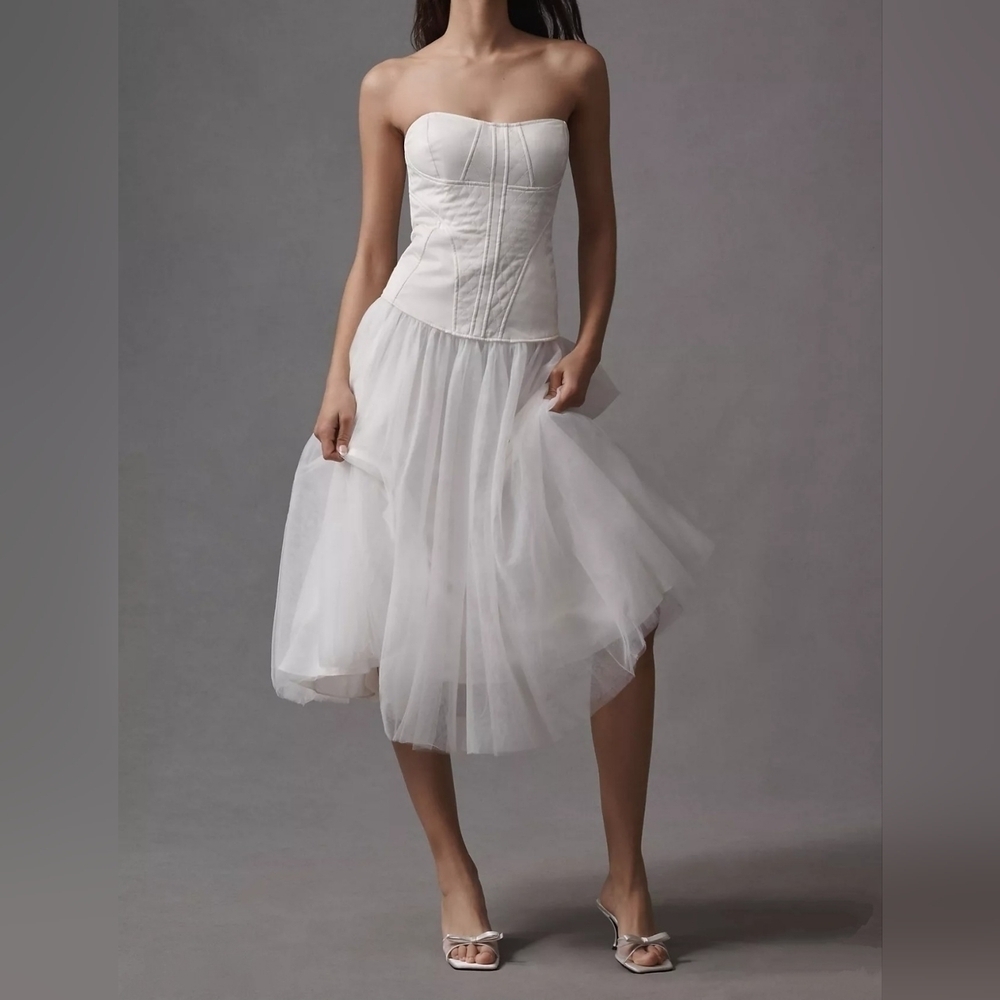 BHLDN Anthropologie Ivory Strapless A-Line Satin Tulle Skirt Midi Bridal Dress